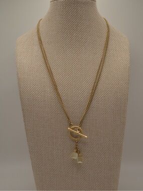 Gold Toggle Double Chain Necklace with Cream and Gold Bead Drops